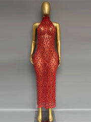 Sheer Rhinestone High Neck Tank Maxi Dress