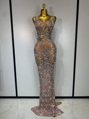 Embellished mesh column dress front view