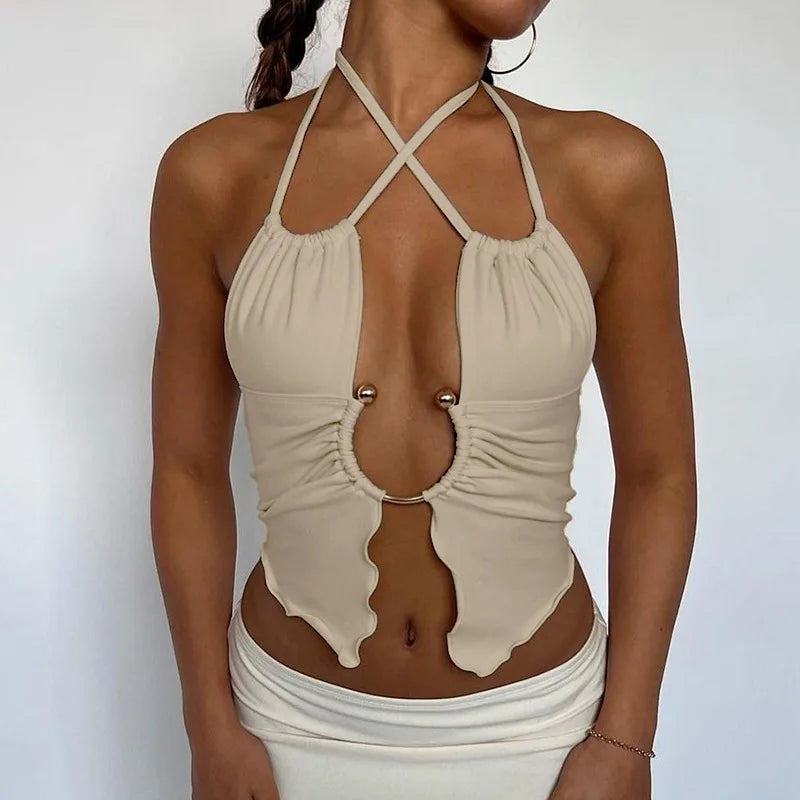 Metal Ring Detail Hollow Lace Up Halter Camisole Top