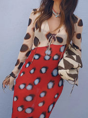 Printed Patchwork Tie Neck Long Sleeve Maxi Dress