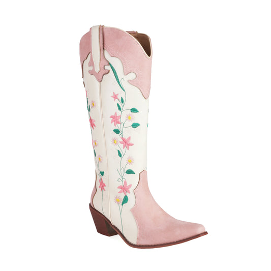 Pink and white cowboy boot with floral design on a white background