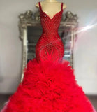 Red Prom Dresses Tulle Ruffles Beaded Evening Gown