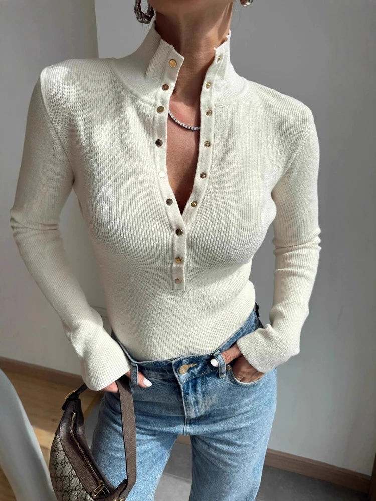 High-neck ribbed knit top with button-up front