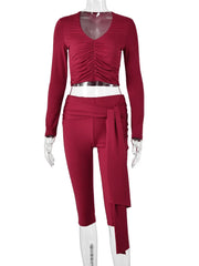 Ruched V-Neck Crop Top and Bandage Capri Pants Set