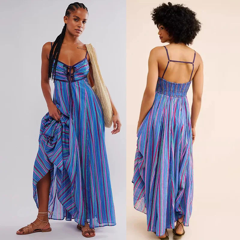 Woman wearing a blue striped dress from front and back views.