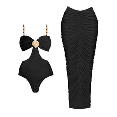One-Piece Cut Out Swimsuit and Skirt Set with Gold Flower Accents
