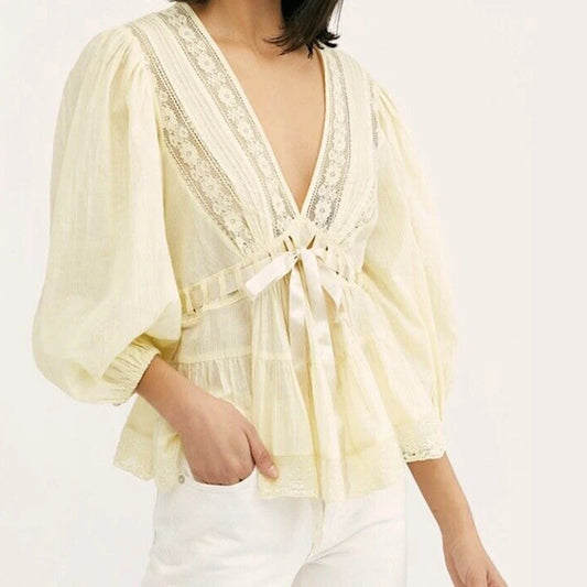 Cream puff sleeve lace trim peplum top with cream tie