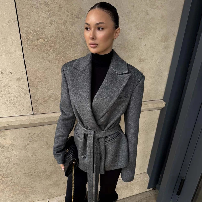 Belted Lapel Collar Blazer with self-tie belt and contrasting lapels