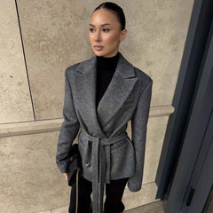 Belted Lapel Collar Blazer with self-tie belt and contrasting lapels