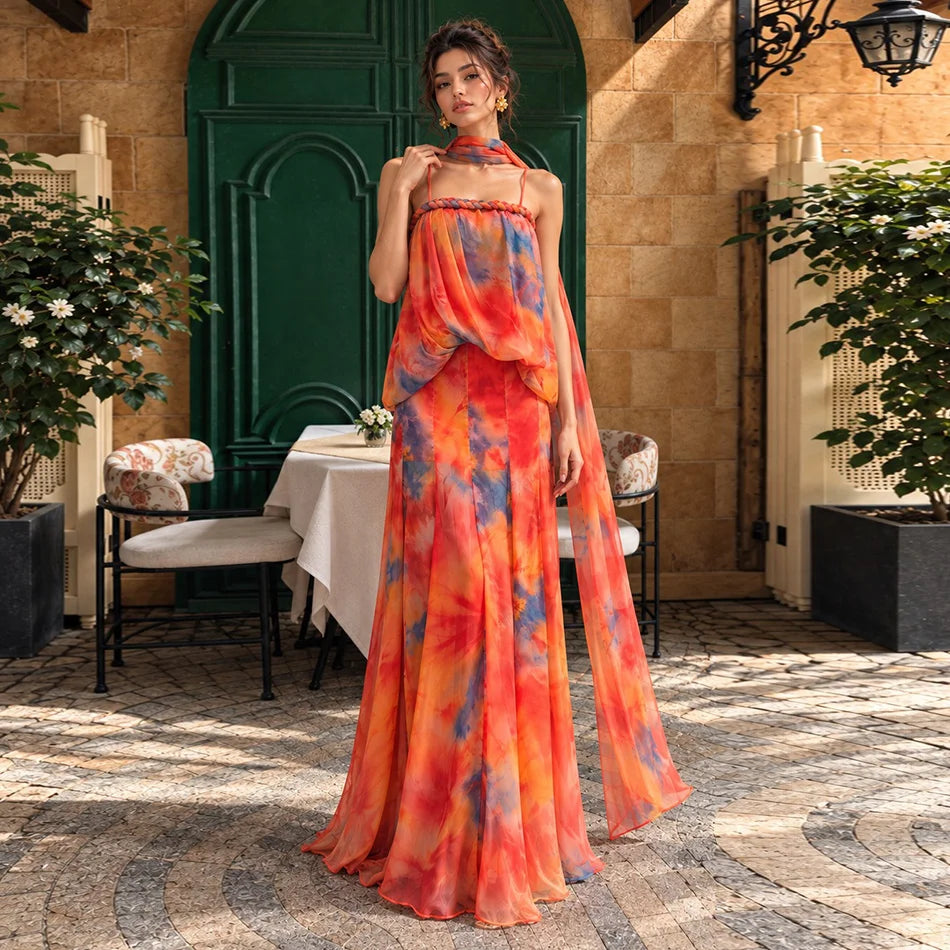 Tie-dye maxi dress with spaghetti straps