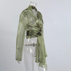 Green Glitter Wrap Front Long Sleeve Shirt