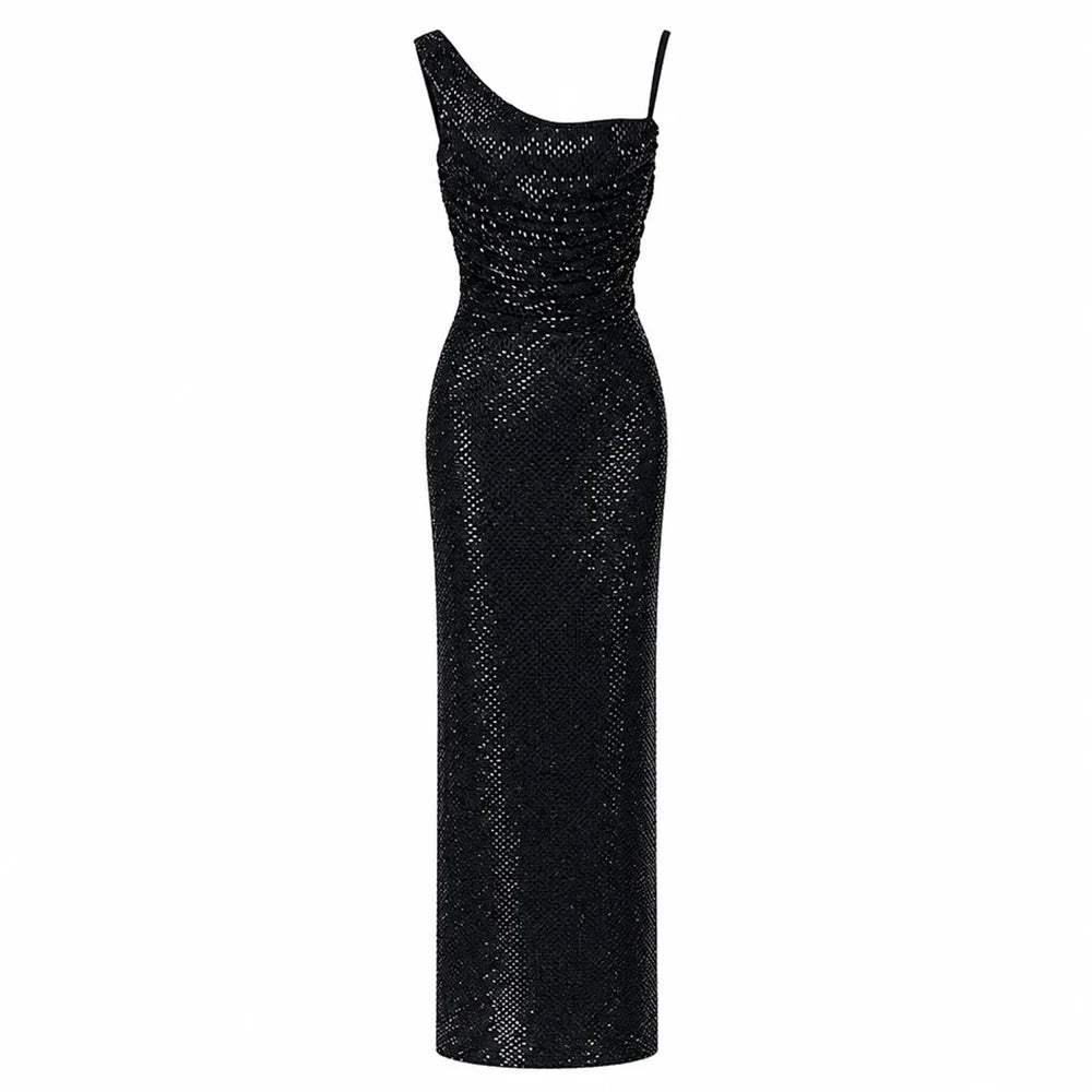 Front view of an asymmetrical neckline maxi dress