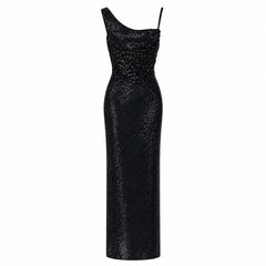 Front view of an asymmetrical neckline maxi dress