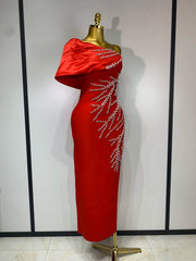 Red one shoulder diagonal collar beaded long dress