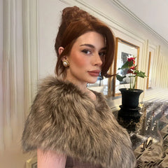 Model wearing a Fluffy Faux Fur Shawl Long Dress 