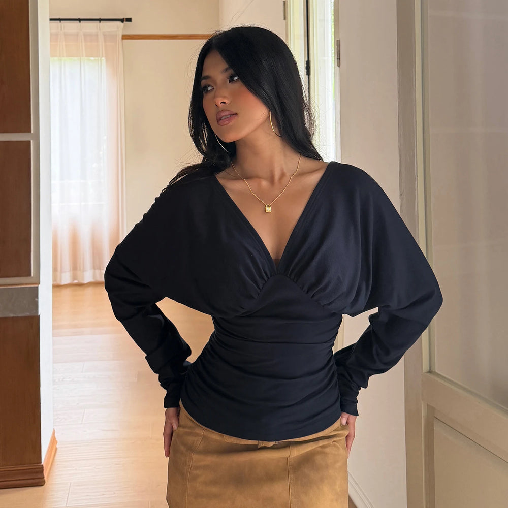 Draped V-neck long sleeve top in black