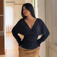 Draped V-neck long sleeve top in black