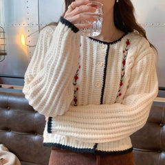 Beige Embroidery Floral Knitted Sweaters