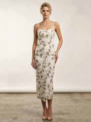 White Floral Appliqu�� V-Neck Midi Dress