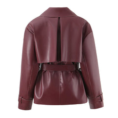 Belted Lapel Collar Faux Leather Jacket