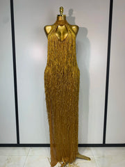 Gold beaded fringe halter gown