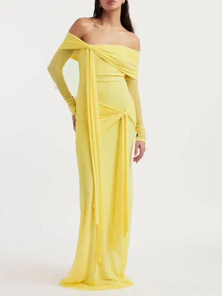 Off-shoulder draped gown dress with long sleeves