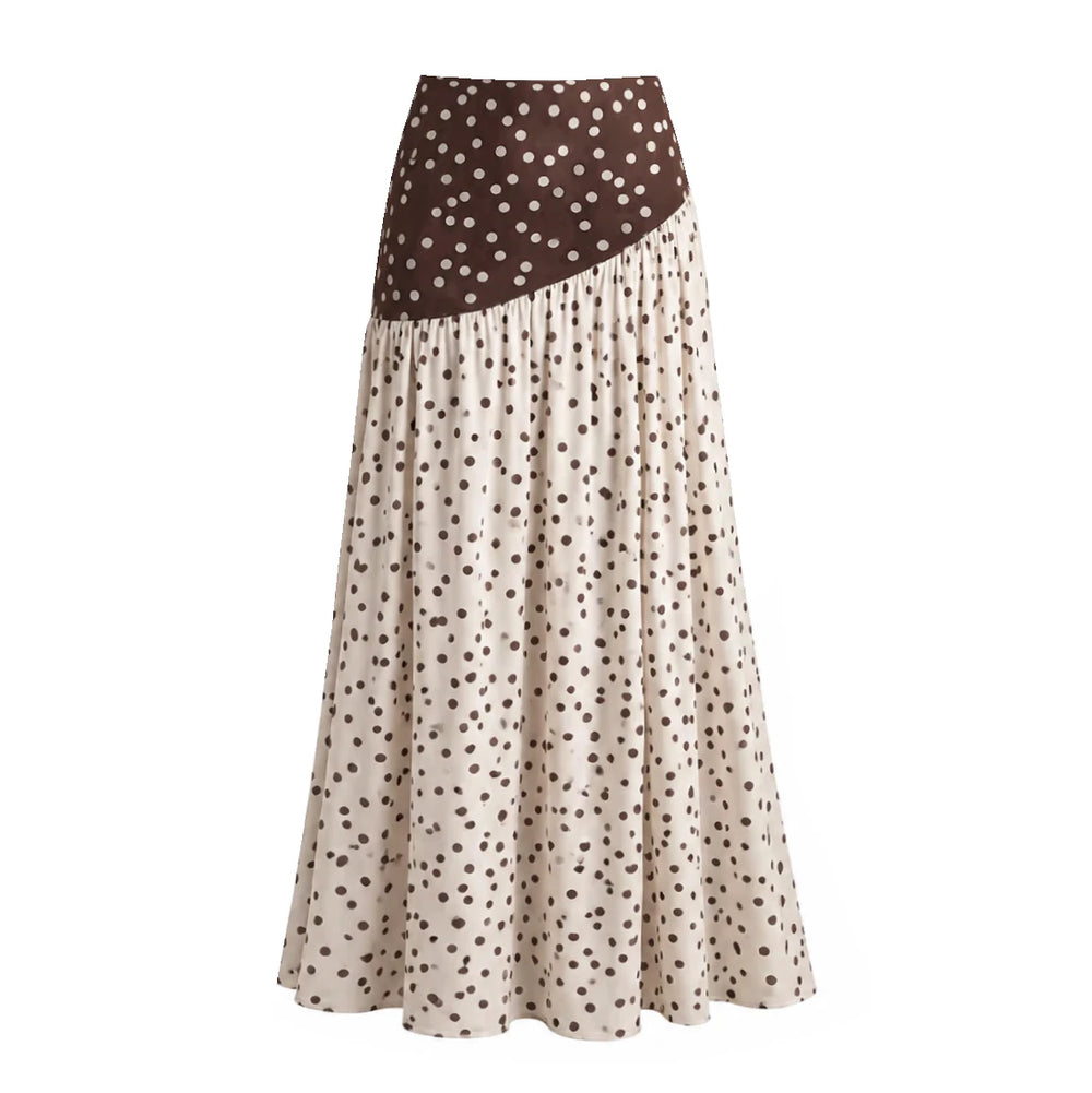 Brown and cream polka dot flowing maxi skirt with a gathered waistband.