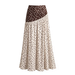 Brown and cream polka dot flowing maxi skirt with a gathered waistband.