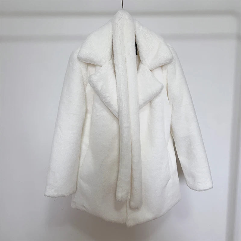 White Belted Thick Fluffy Plush Jacket