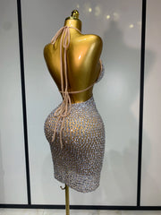 V-Neck Sleeveless Crystal Embellished Above Knee Bodycon Dress