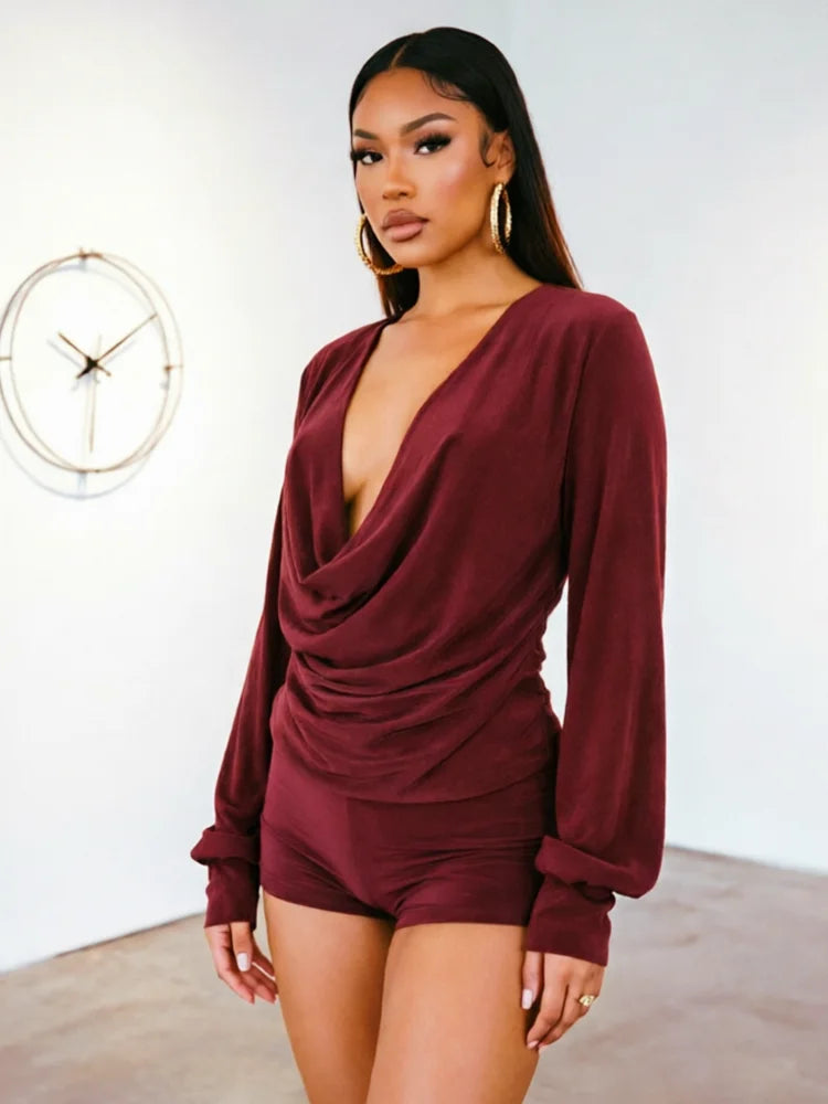 Burgundy draped cowl neck long sleeve top and shorts set