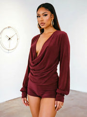 Burgundy draped cowl neck long sleeve top and shorts set