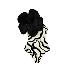 One-Shoulder Swimsuit with Oversized Flower Detail and Matching Printed Sarong Set