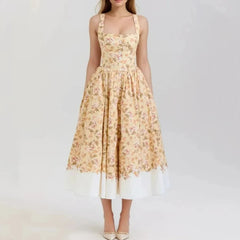 Slash Collar Flower Print Corset Style Pleated Midi Dress