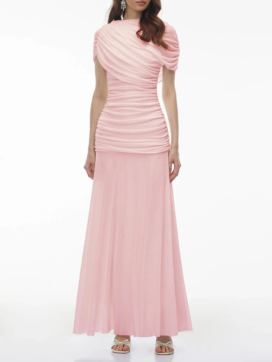 Pink ruched shawl neck maxi dress