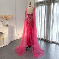 Blush Pink Mermaid Gown | Beaded Evening Dress with Cape