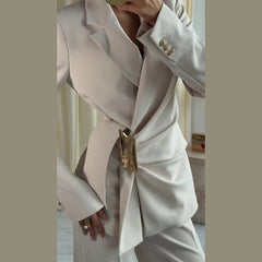 Ruched Waist Gold Buckle Blazer and Wide Leg Pants Set