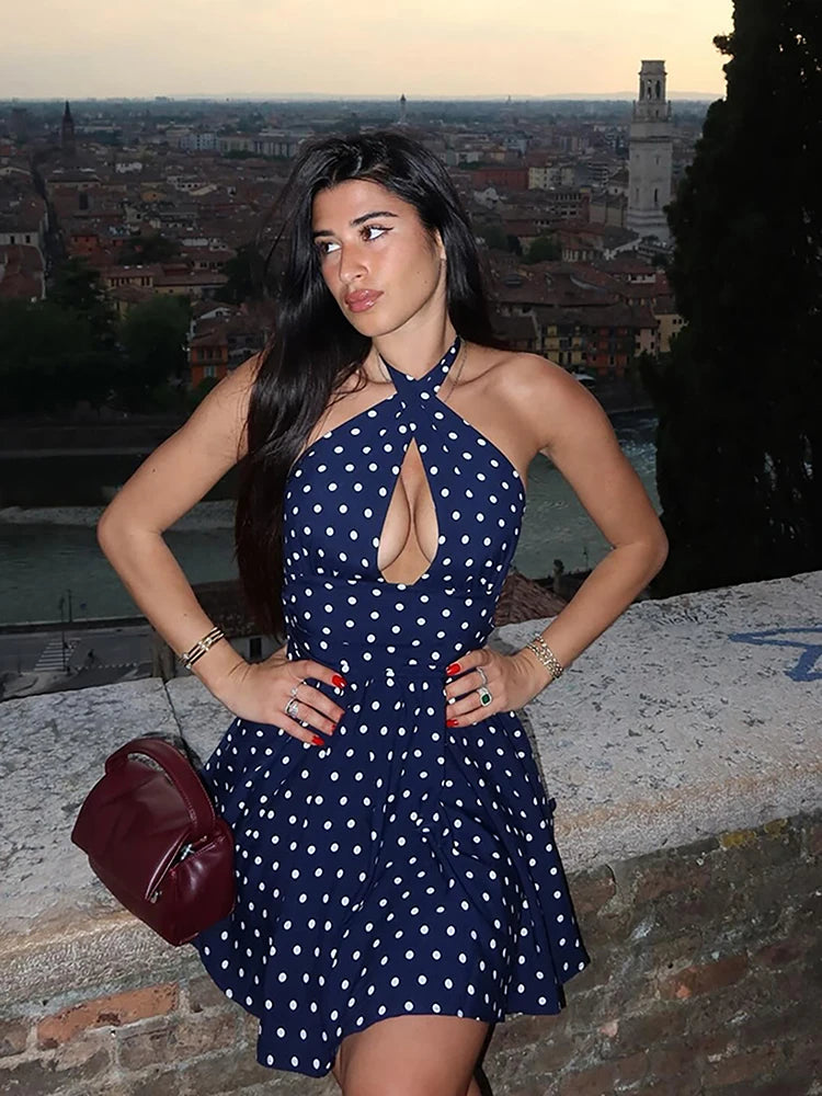 Polka dot halter neck cut-out mini dress