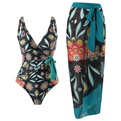 V-Neck Tie-Strap Swimsuit and Wrap Skirt Set