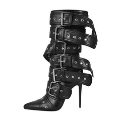 Pointed Toe Mid-Calf Boots Buckle Strap Stiletto Boots. Golden Atelier 4