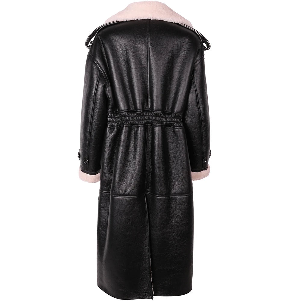 Black leather coat with pink fur lining 
