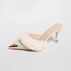 Faux Fur Trim Pointed Heel Mules