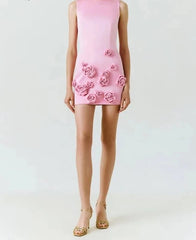 Women's Pink 3D Flower Sleeveless Round Neck Mini Dress