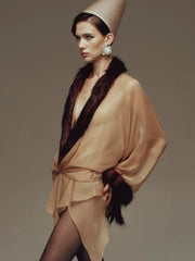 Brown Sheer Fur Trim Wrap Mini Dress