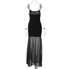 Black Polka Dot Mesh Hem Maxi Dress