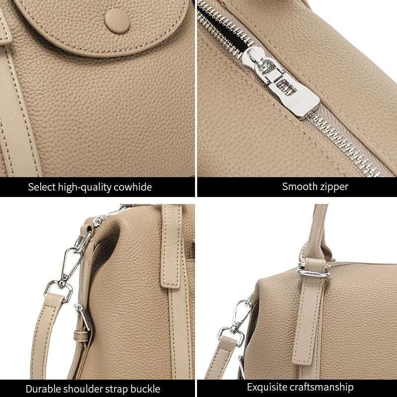 Beige handbag with close-up details on high-quality cowhide, smooth zipper, durable shoulder strap buckle, and exquisite craftsmanship.