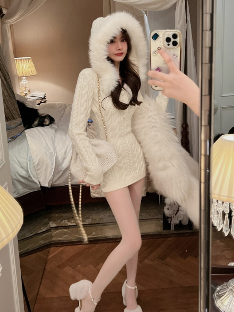 Hooded Knitted Sweater Faux Fur Female One Piece Mini Dress
