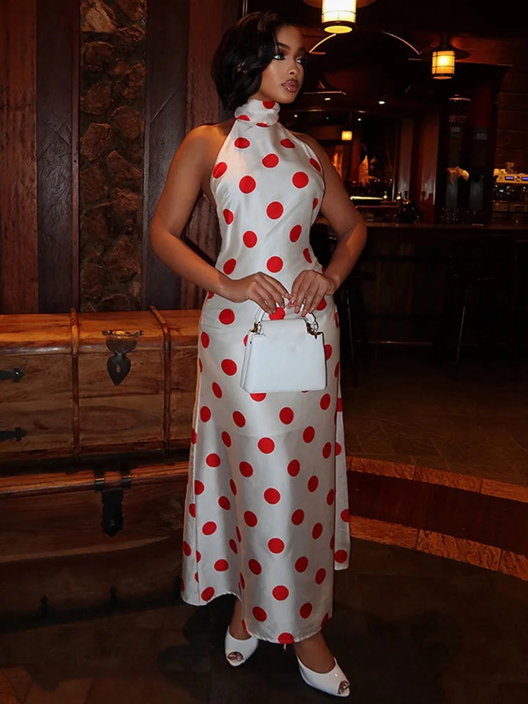 Polka dot halter neck maxi dress