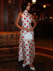 Polka dot halter neck maxi dress