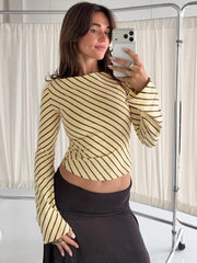 Striped flare sleeve boat neck crop top